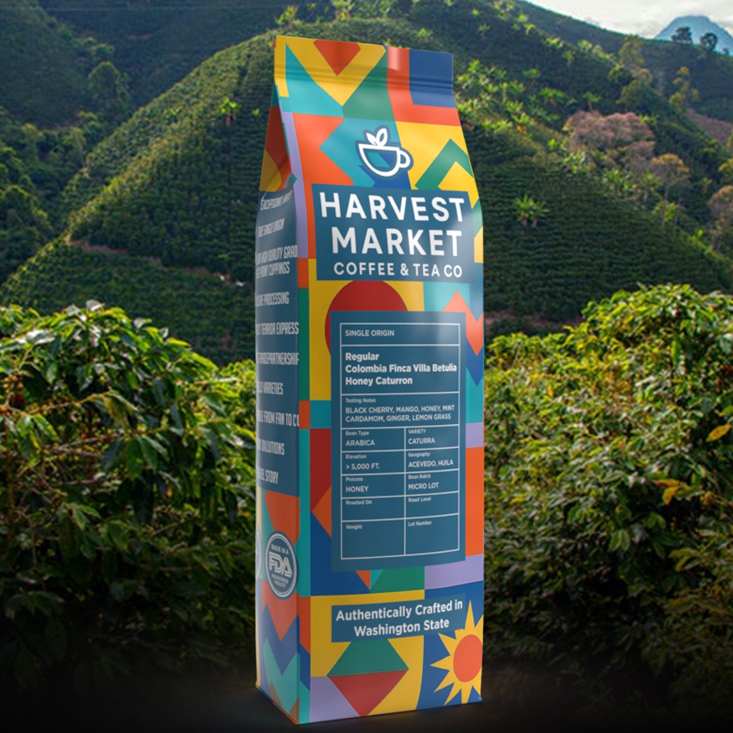 Colorful coffee packaging with 'Harvest Market Coffee & Tea Co' on a coffee plantation background