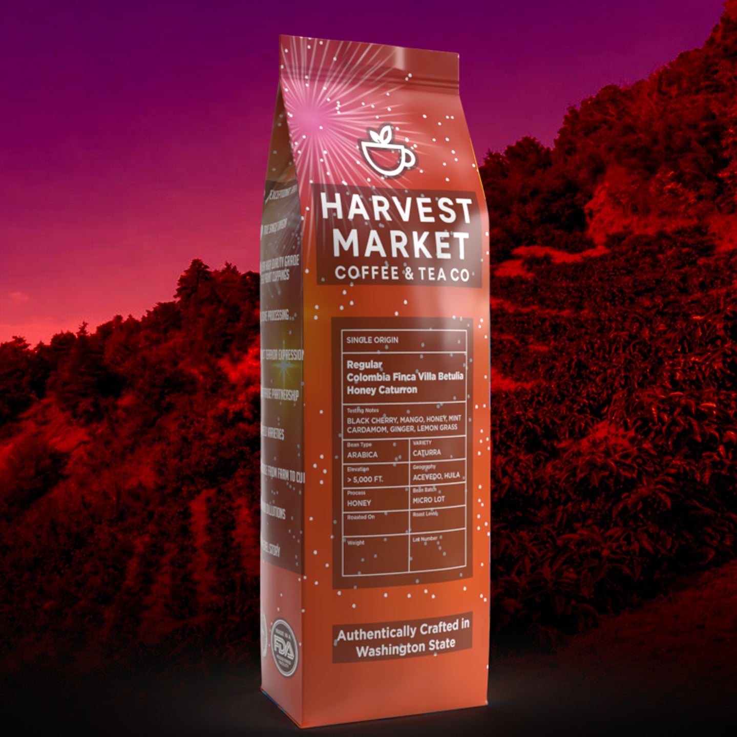 Harvest Market Coffee & Tea Co. package with a scenic background