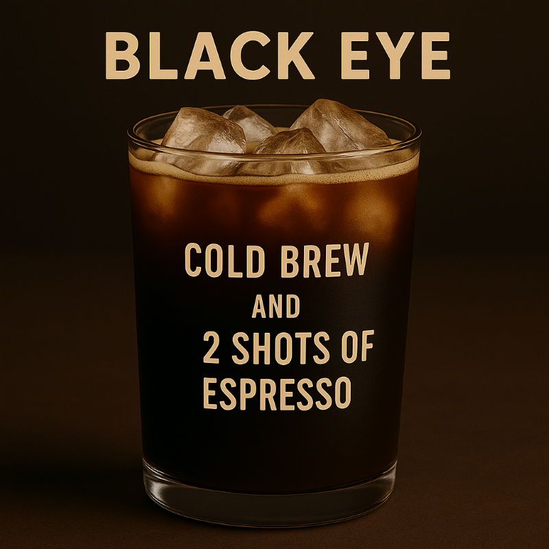 Glass of iced coffee with 'Black Eye' branding and text about cold brew and espresso.