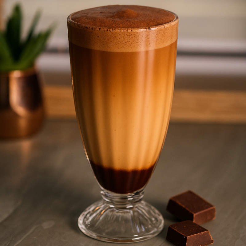 Glass of layered coffee drink with chocolate pieces on a wooden surface