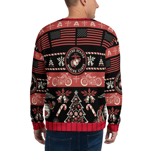 Person wearing a festive sweater with U.S. Marine Corps design on a white background