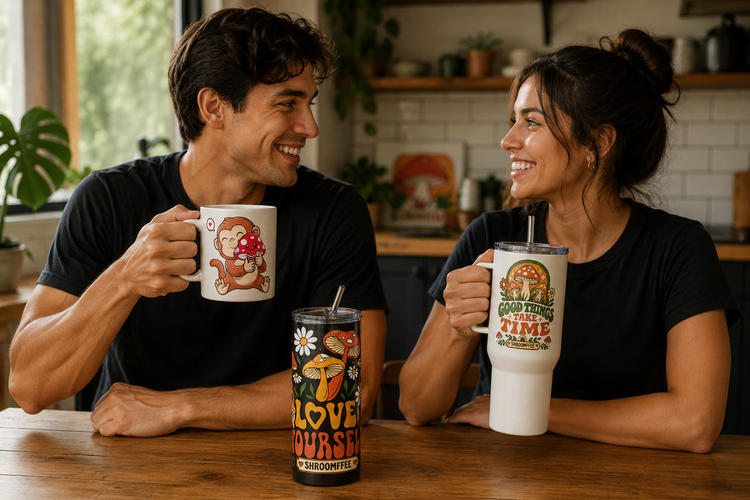 Shroomffee, Harvest Market And Saior Bob Mugs Products, White ceramic mug featuring a mushroom Design