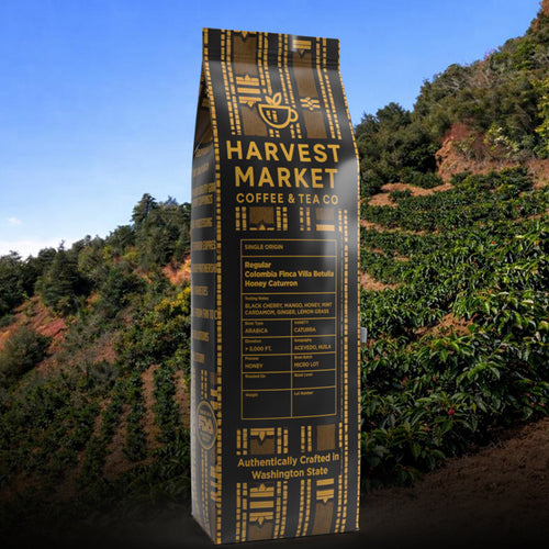 Harvest Market Coffee & Tea Co. package with coffee plantation in the background
