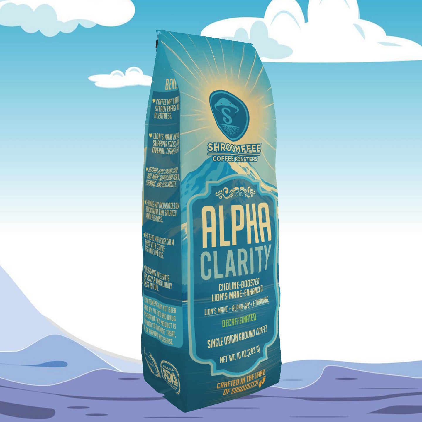 Shroomee Coffee Roasters Alpha Clarity coffee bag with a mountain and cloud background