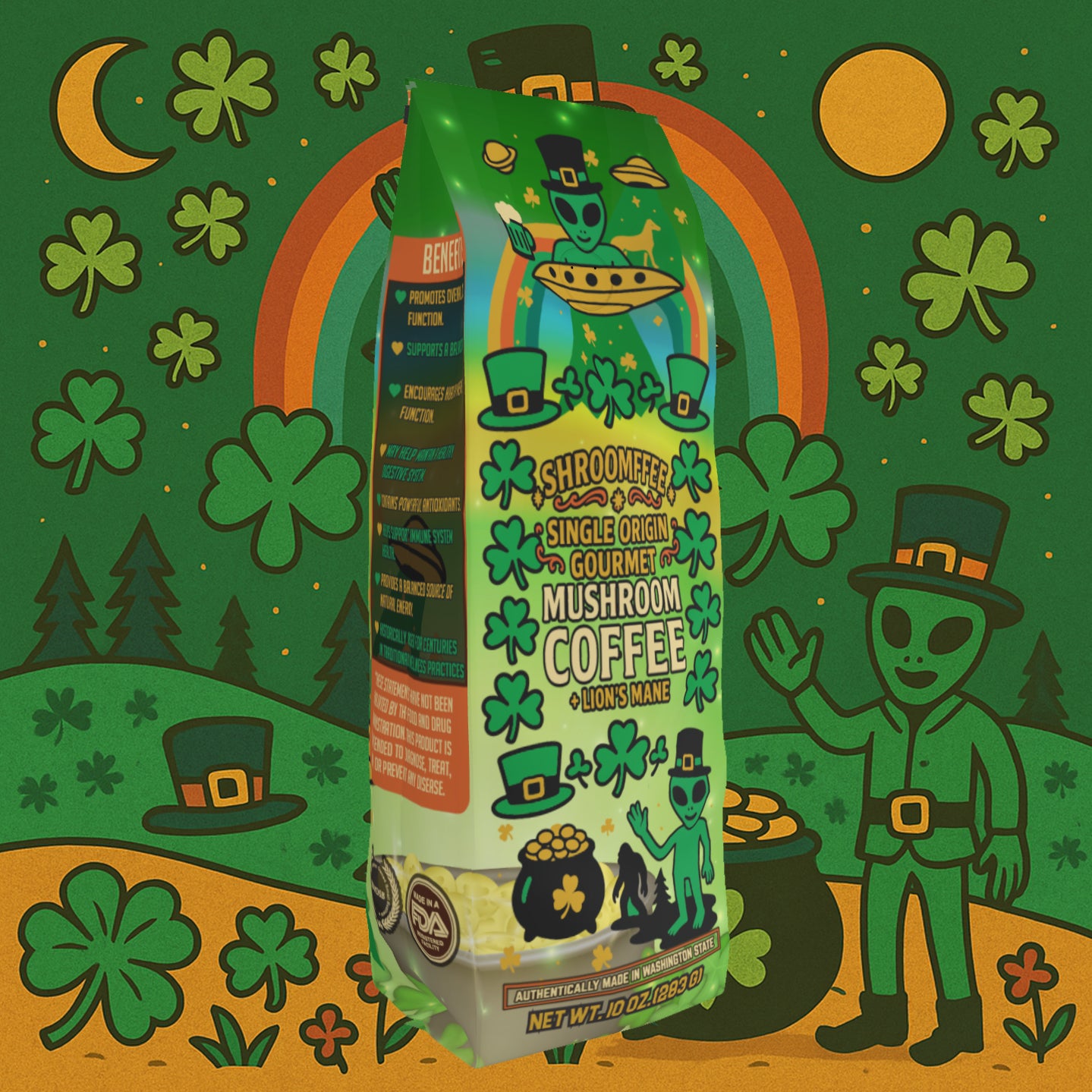 Shroomfied mushroom coffee packaging with St. Patrick's Day-themed design on a green background with shamrocks and rainbow.