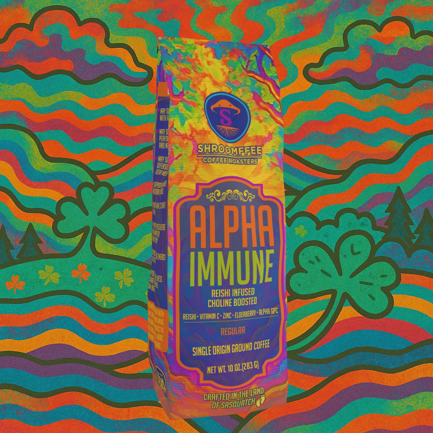 Shroomee Coffee Roasters Alpha Immune coffee package on a colorful, abstract background with shamrocks.
