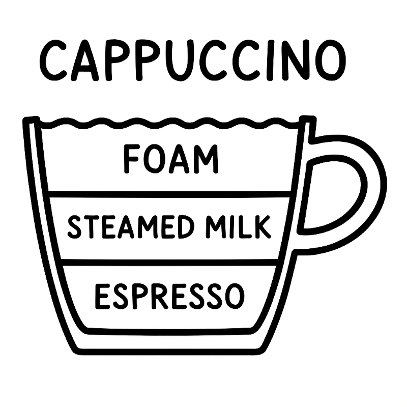 Diagram of a cappuccino with layers labeled: foam, steamed milk, and espresso.