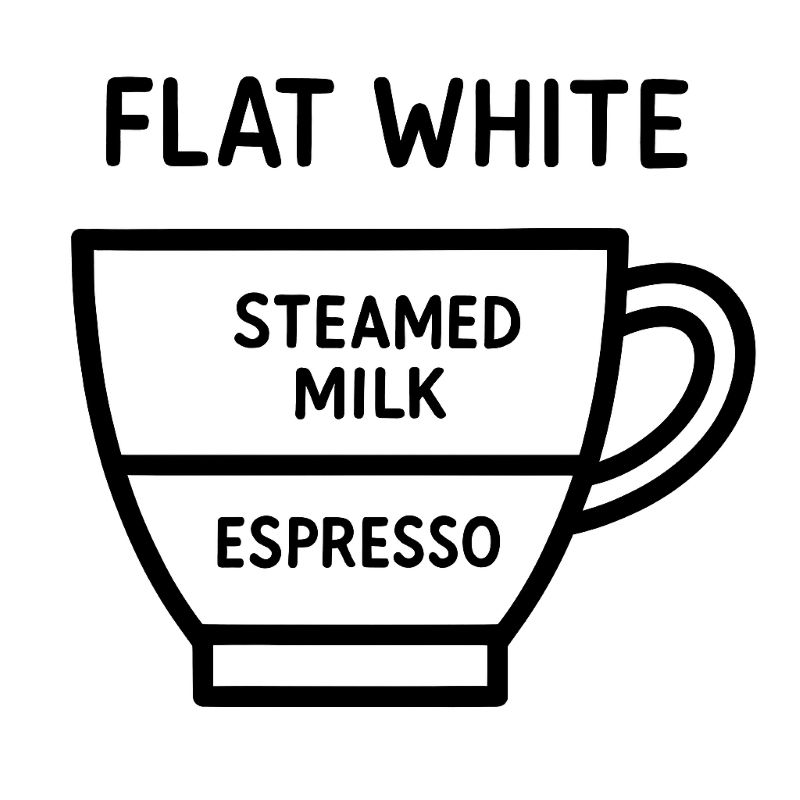 Diagram of a flat white coffee preparation with 'Espresso' and 'Steamed Milk' layers.