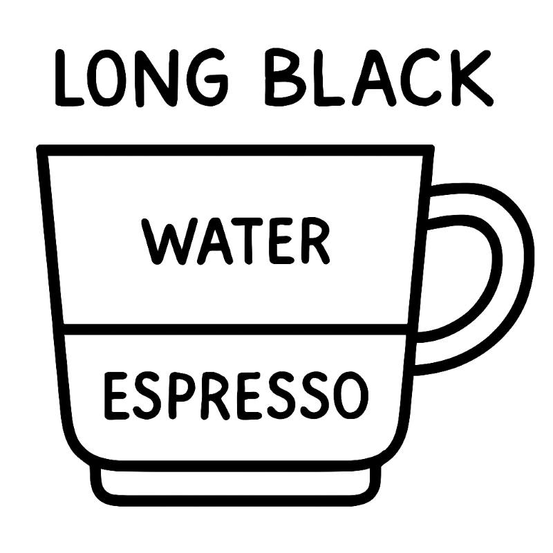 Illustration of a coffee cup with 'Long Black', 'Water', and 'Espresso' text layers.