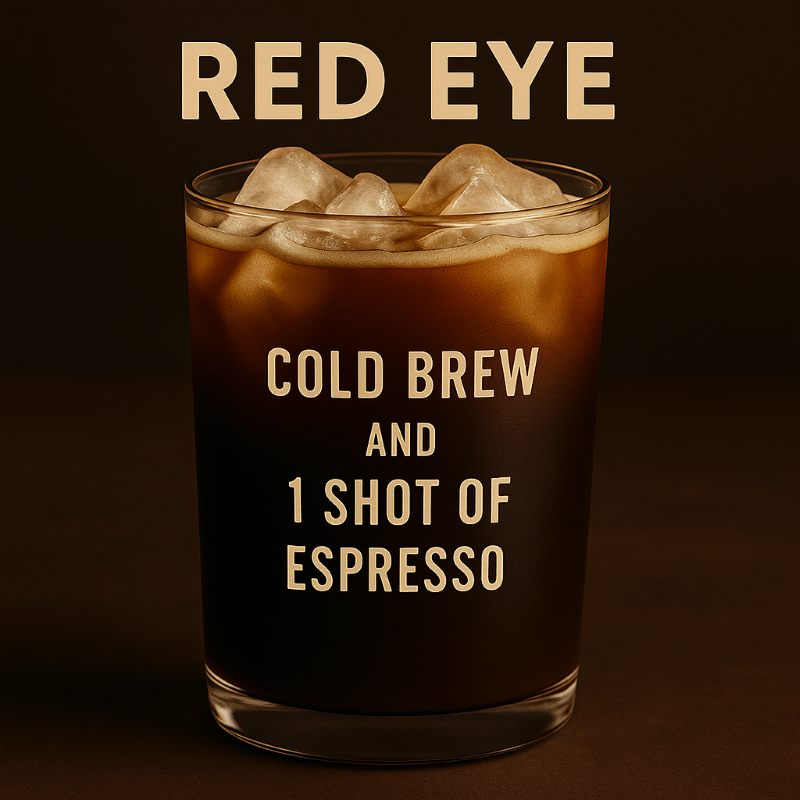 Glass of iced coffee with text 'Red Eye: Cold Brew and 1 Shot of Espresso' on a dark background
