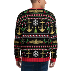 Person wearing a festive sweater with nautical-themed patterns on a white background