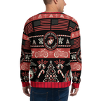 Person wearing a festive sweater with U.S. Marine Corps design on a white background
