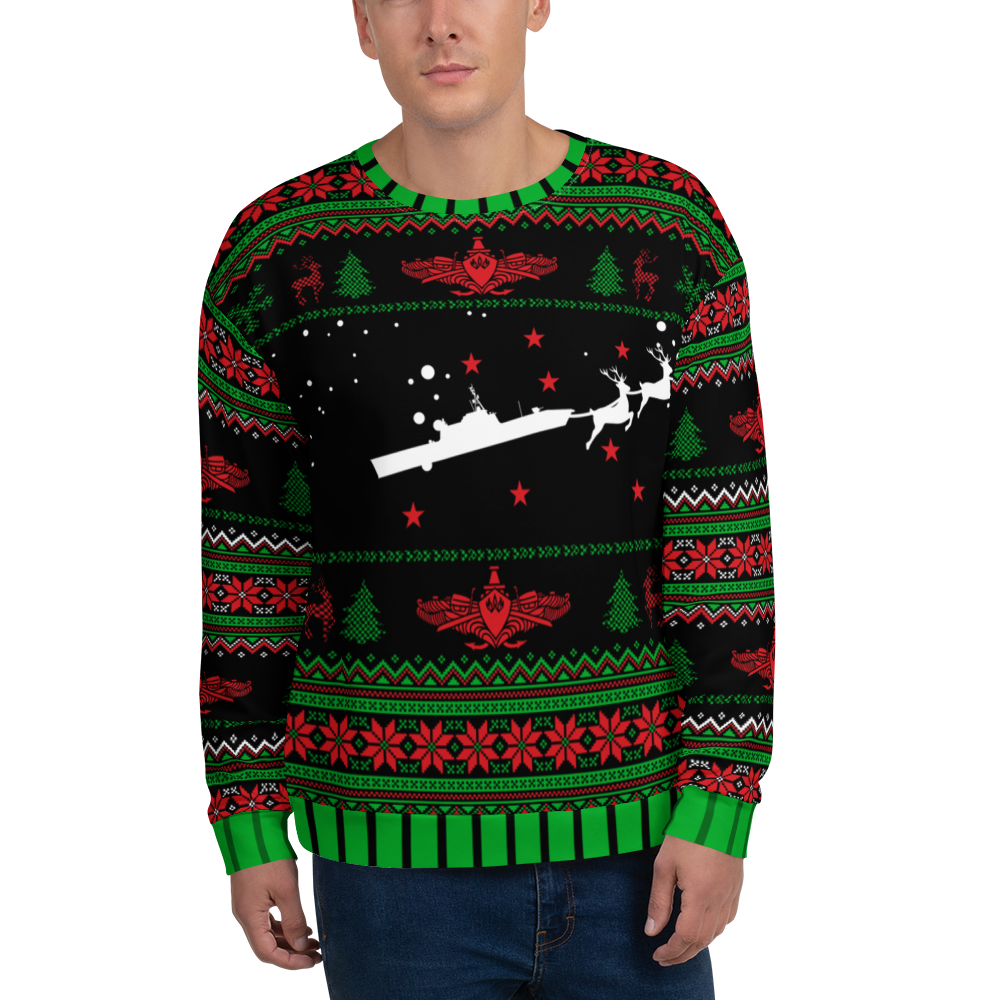 Person wearing a festive sweater with Christmas-themed designs on a white background