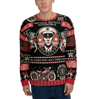 Person wearing a sweater with vintage-themed design featuring a sailor, motorcycle, and carnival elements.