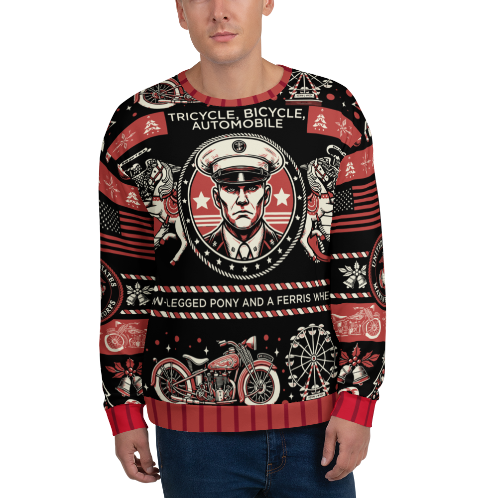 Person wearing a sweater with vintage-themed design featuring a sailor, motorcycle, and carnival elements.