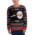 Person wearing a festive sweater with reindeer and sleigh design on a white background