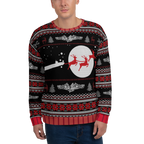 Person wearing a festive sweater with reindeer and sleigh design on a white background