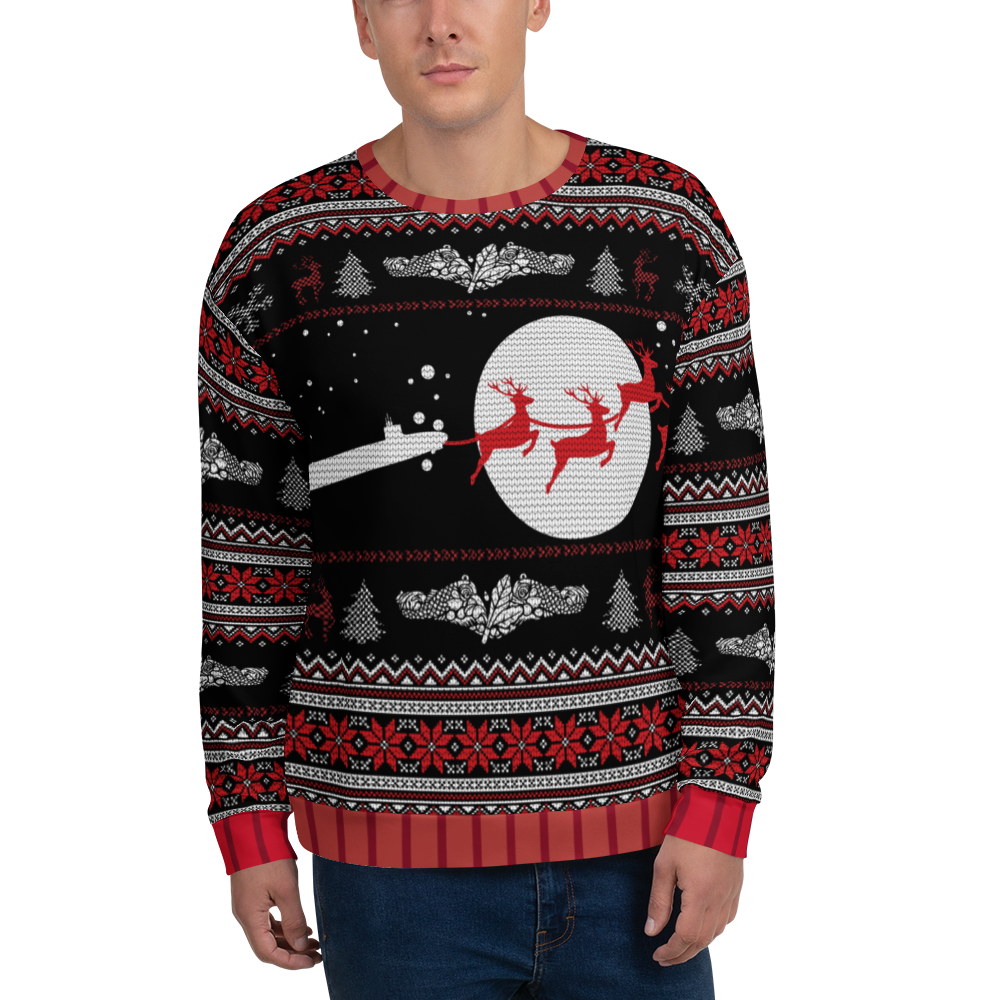 Person wearing a festive sweater with reindeer and sleigh design on a white background