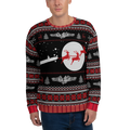 Person wearing a festive sweater with Christmas-themed design on a white background