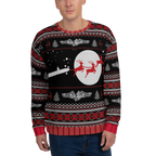 Person wearing a festive sweater with Christmas-themed design on a white background