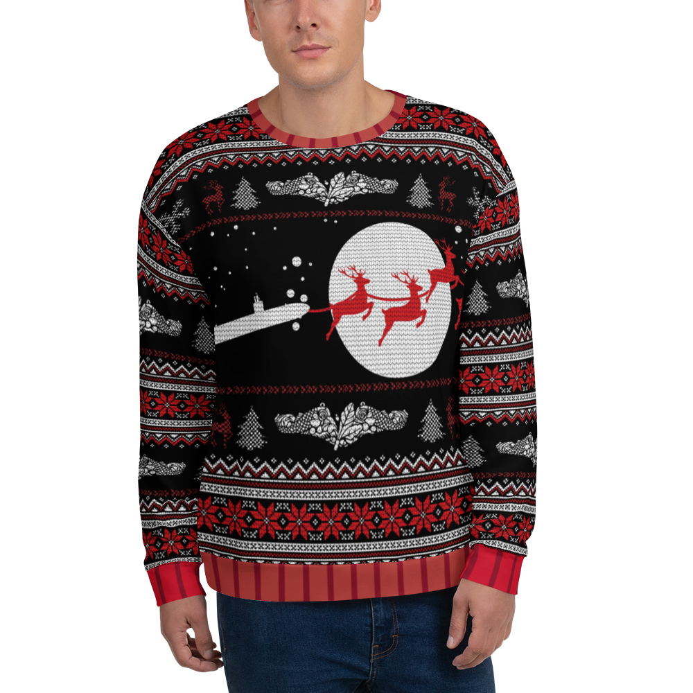 Person wearing a festive sweater with Christmas-themed design on a white background