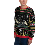Person wearing a festive sweater with nautical patterns on a white background