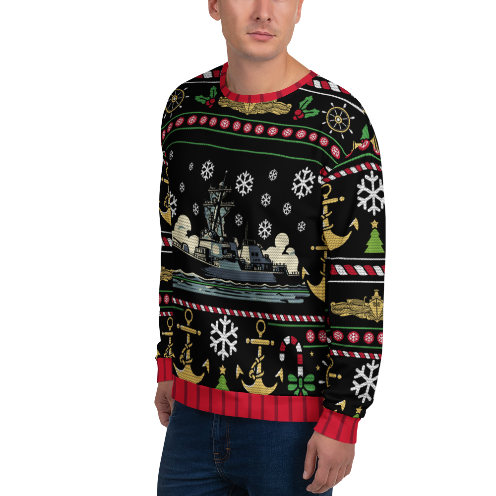 Person wearing a festive sweater with nautical patterns on a white background