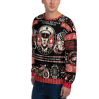 Person wearing a sweater with vintage-themed design featuring text and graphics.