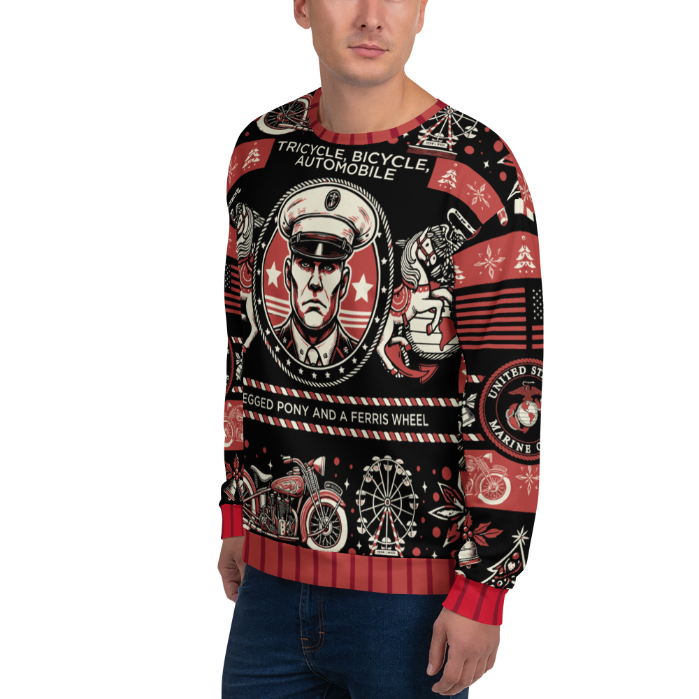 Person wearing a sweater with vintage-themed design featuring text and graphics.