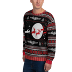 Person wearing a festive sweater with reindeer and sleigh design on a white background