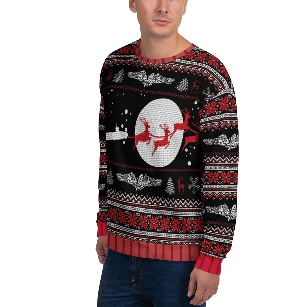 Person wearing a festive sweater with reindeer and sleigh design on a white background
