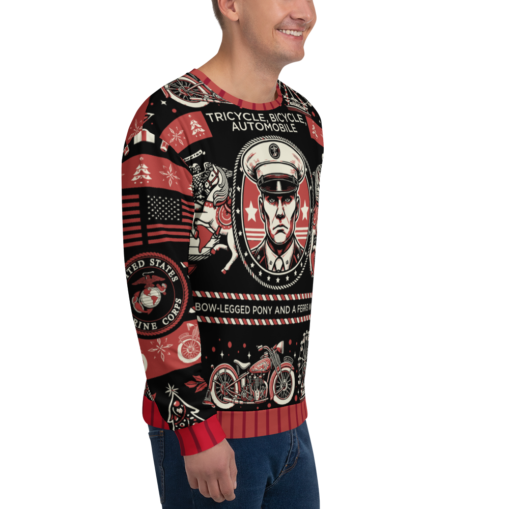 Person wearing a detailed sweater with various graphics and text on a white background