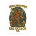 Sticker with a Sasquatch, mushrooms, and 'Pacific Northwest Gig Harbor WA' text on a white background