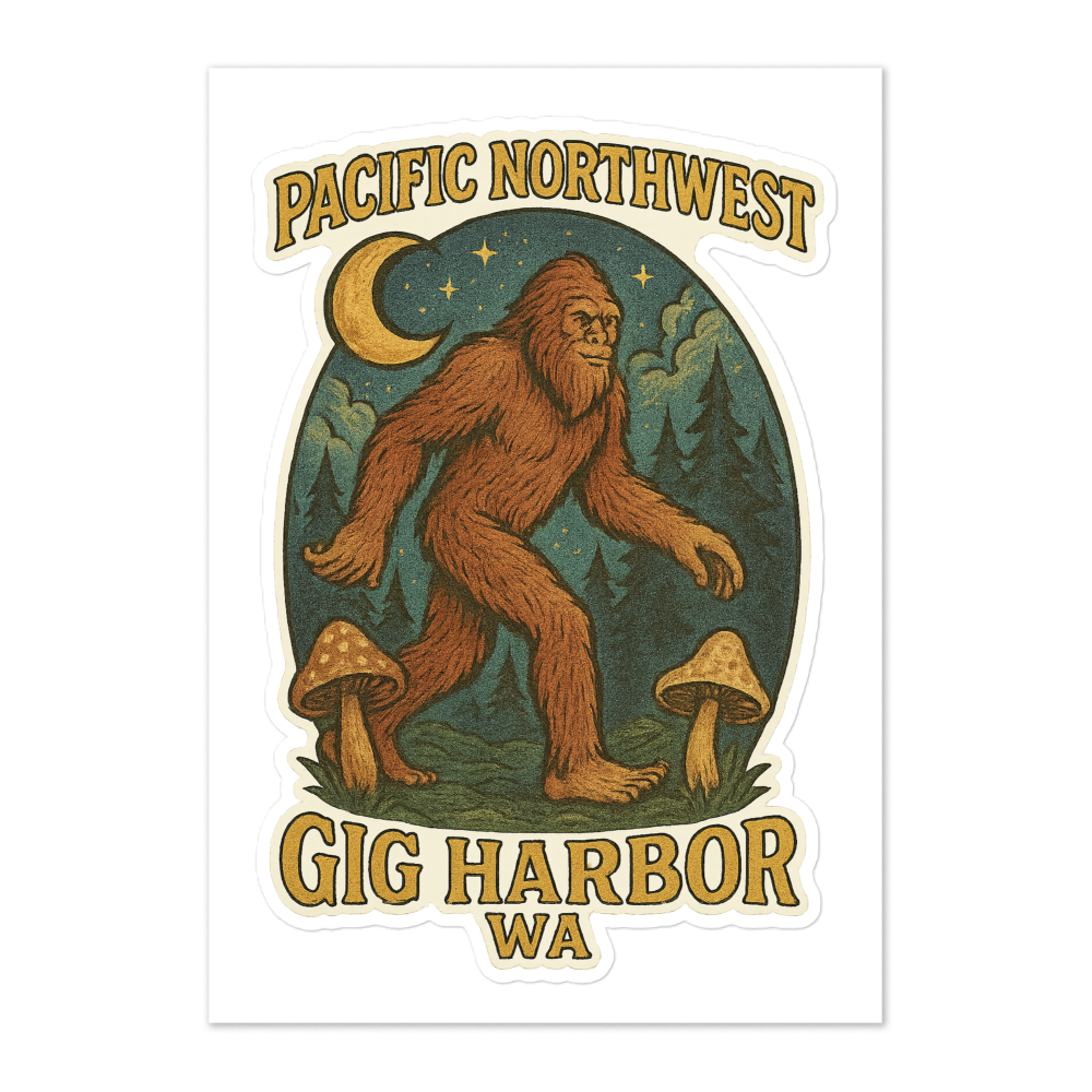 Sticker with a Sasquatch, mushrooms, and 'Pacific Northwest Gig Harbor WA' text on a white background