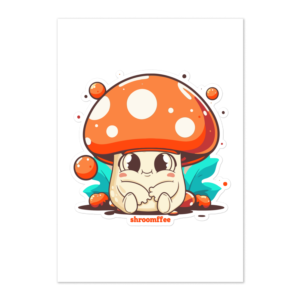 Cartoon mushroom with a red cap and white spots on a white background