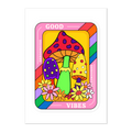 Colorful card with mushrooms and flowers on a white background