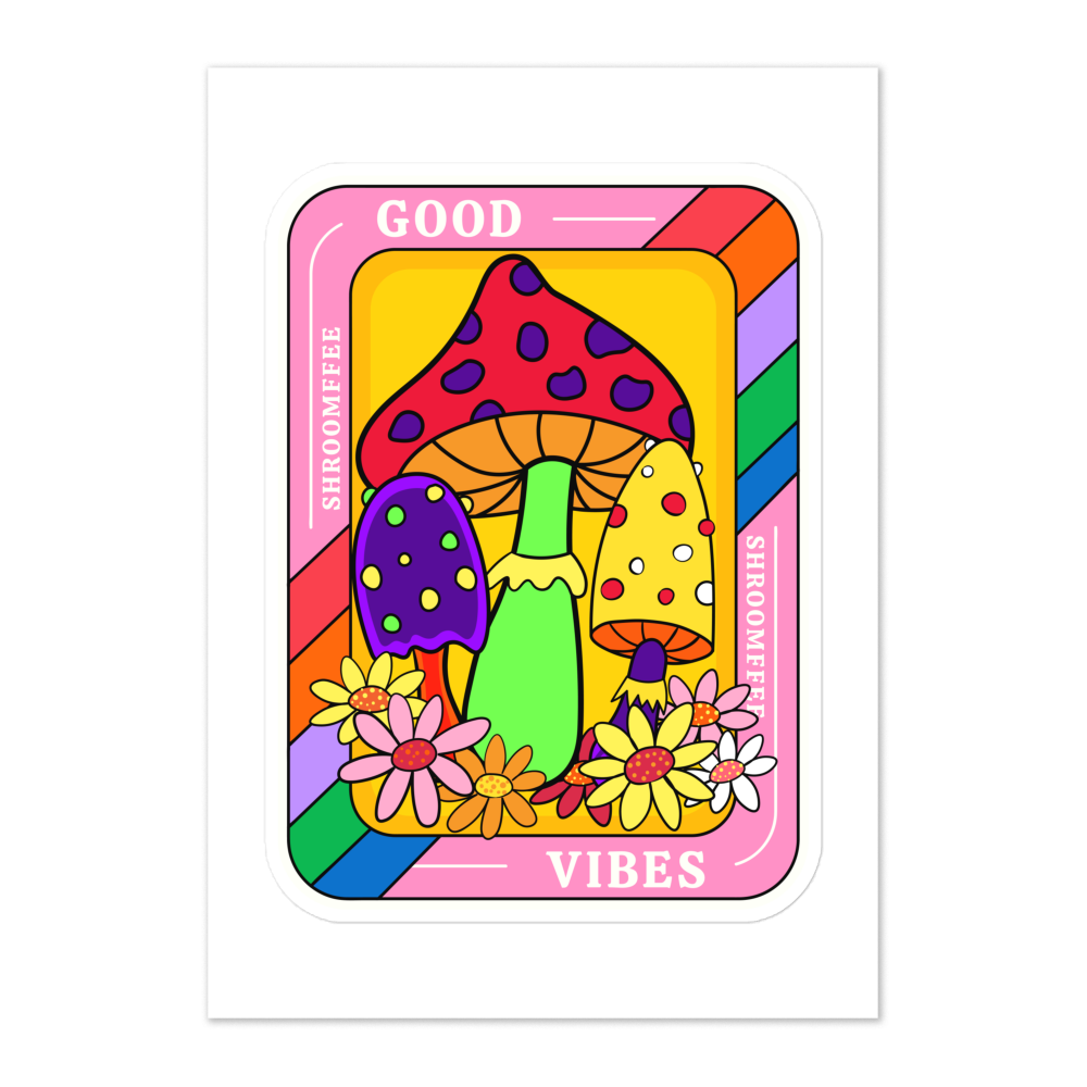 Colorful card with mushrooms and flowers on a white background