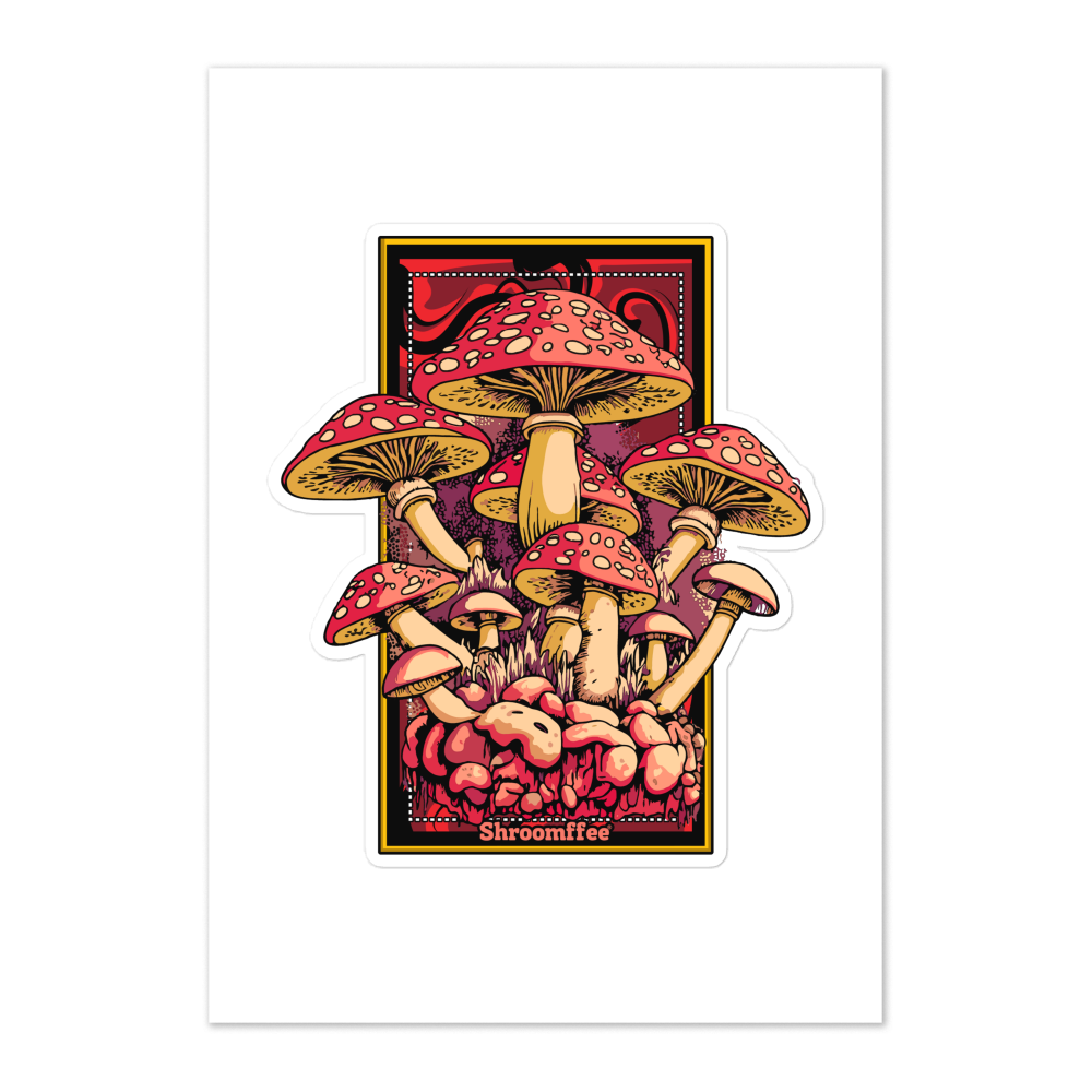 Illustration of mushrooms with a red border on a white background