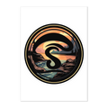 Circular design with a stylized 'S' and landscape at sunset on a white background