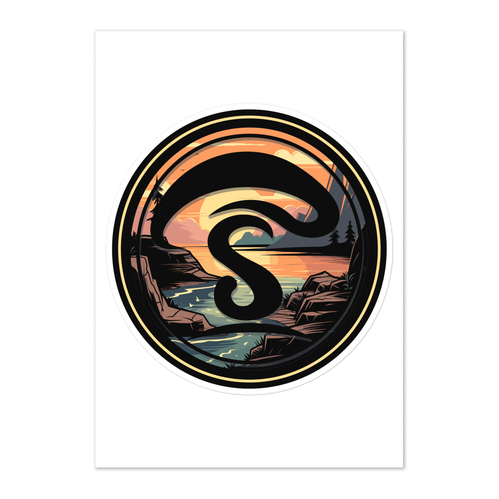 Circular design with a stylized 'S' and landscape at sunset on a white background