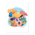 Colorful illustration of a mushroom character with a surprised expression, surrounded by plants on a white background.