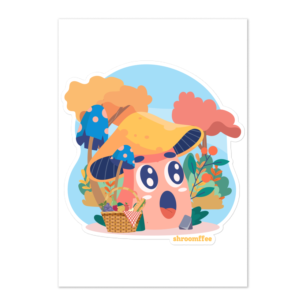 Colorful illustration of a mushroom character with a surprised expression, surrounded by plants on a white background.