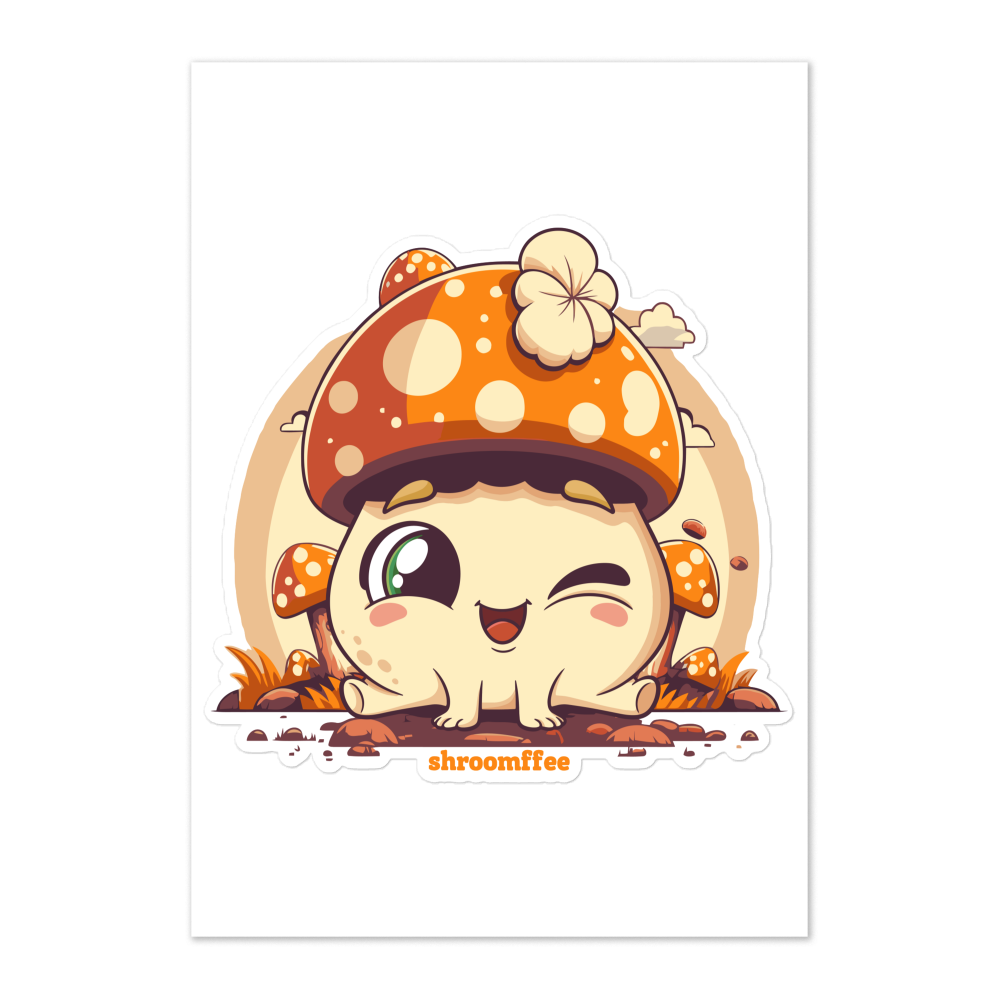 Cartoon mushroom character with a happy expression on a white background