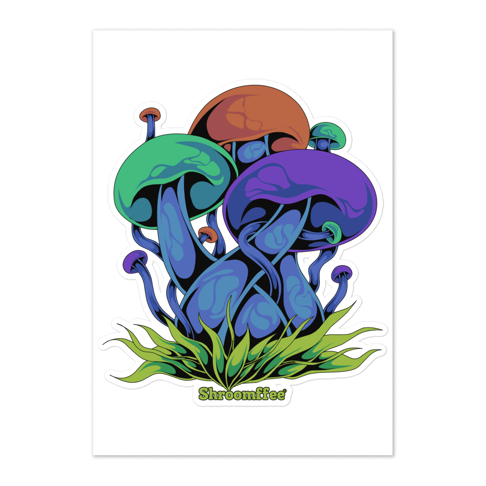 Colorful illustration of mushrooms with grass on a white background, featuring the brand 'Shroomffee'.