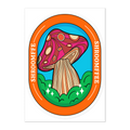 Colorful illustration of a mushroom with 'SHROOMEE' branding on an oval background