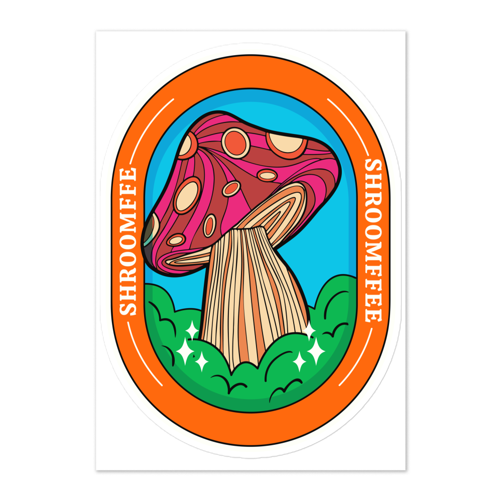 Colorful illustration of a mushroom with 'SHROOMEE' branding on an oval background