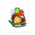 Illustration of a green frog on a mushroom with 'shroomffee' branding.