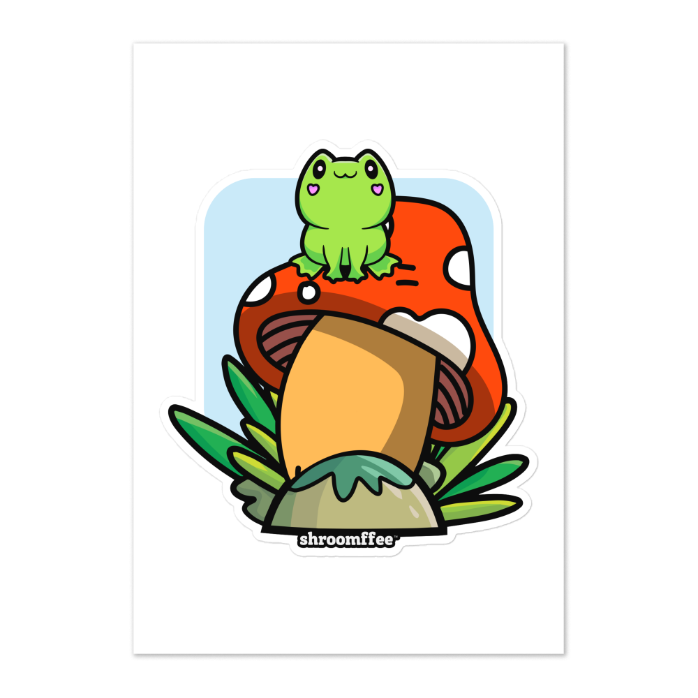 Illustration of a green frog on a mushroom with 'shroomffee' branding.