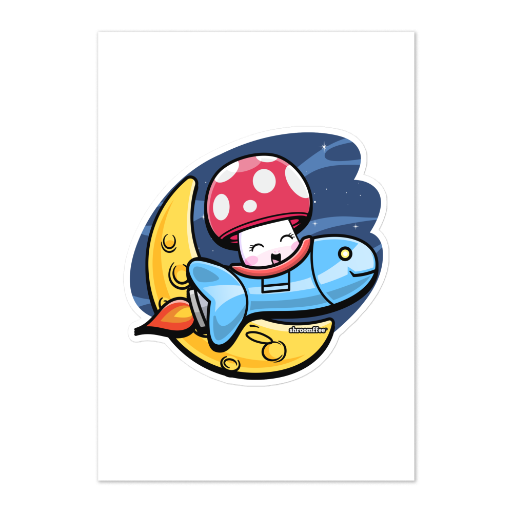 Cartoon character with a fish and mushroom on a white background