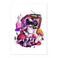 Colorful illustration of an astronaut with a boombox and mushrooms on a white background